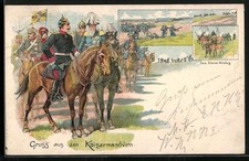 Lithographie Kaisermanöver, Hoch dekorierter Heerführer zu Pferd, Gefechtsszene 