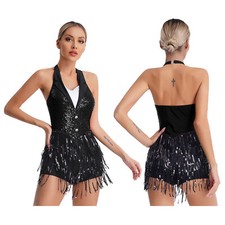 DE Damen Turnanzug Cha-Cha Tanzkleid Fransen Latein Kleider Tango Trikot Halter