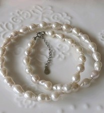 Hohe Qualitäte Natürliche glänzende Weiße Ca. 8-10mm Barockperlen Kette 39+5cm