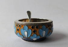 RUSSISCH SILBER 916 EMAILLE CLOISONNE SALIERE SOWJETUNION MIT SALZLÖFFEL ANTIK