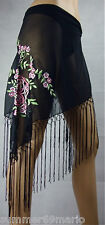 NEU! HÜFTTUCH STOLA SCHWARZ AUFWÄNDIGE STICKEREI FRANSEN 170cm x 100cm  (A)