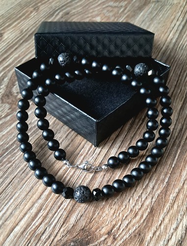 Perlenkette schwarz onyx lava - schwarz,