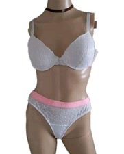 Push Up Spitzen BH & String Set Feel Good Weiß/Neon Rosa Mit Bügel Gr.80B /M 