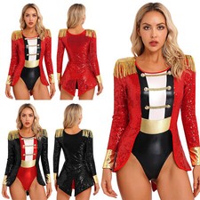 DE Damen Halloween Kostüm Zirkus Cosplay Body Pailletten Zirkusdirektor Jumpsuit