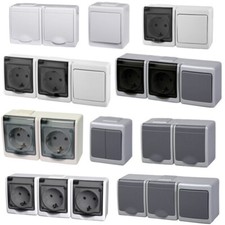 Aufputzsteckdosen IP44 Feuchtraum Schuko Schalter Taster grau weiß Außenbereich