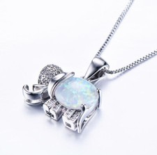 E08 Elefant Feueropal weiß regenbogen-farben versilbert Anhänger m Kette