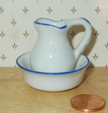 Waschschüssel & Krug Weiß Blau Lavabo Porzellan MINIATUR Lavoir Puppenhaus