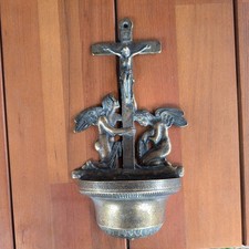 Schönes Weihwasserbecken Requisite Messing Kreuz Engel Inri Jesus Holy Water 797