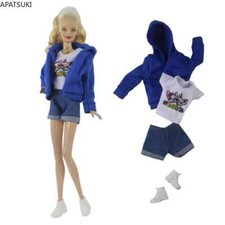 Blau Kleidungsset für Barbiepuppe Weiß Oberteil Kurze Hose Mantel Schuhe Outfits