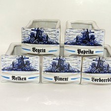 5 Gewürzdosen Keramik Blau Weiß Delfter Stil Windmühle Vintage 60er (791)