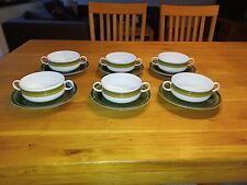 6 Melitta Ceracron Suppentassen weiß grün brauner Rand + Untertassen grün Lindau