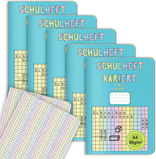 5 Stück A4 Schulheft kariert Lineatur 7 Matheheft 1. und 2. Klasse 8 Blatt