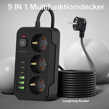 Steckdosenleiste 3-Fach 3 USB Mehrfachsteckdose mit Flachstecker und Schalter