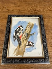 Aquarell Buntspechte am Baum – signiert – Handgemalt im Zierrahmen 23x28cm