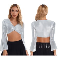 DE ranrann Metallic Crop Top Damen Bauchtanz Oberteil Tromepetenärmel Tanz Shirt