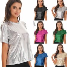 DE iEFiEL Damen T-Shirt Metallic Tee Sommer Kurzarmshirt 70er 80er Jahre Tops