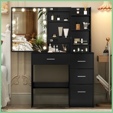 Frisiertisch-Set Schwarz Schminktisch Beleuchteter Spiegel mit 10 LED-Lampen