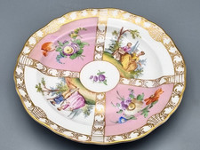 Meissen Porzellan Teller antik 1. Wahl, Watteau galante Szenen Blumen, rosa Fond