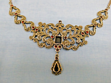 KA2385-925er Silber Collier Artdeco Steine onyx-Granat KL 42 cm Mittelteil B 5,5