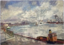 Ölbild Impressionist Fritz Moeller-Schlünz Am Hamburger Hafen mit Personen 1963