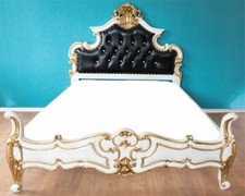 POMPÖSES BETTGESTELL 140 X 200 BETT HOLZ WEISS-GOLD POLSTER SCHWARZ