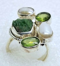 echter Natur Chromdiopsid Rohstein PERIDOT Perlen Ring Gr 16 925 Sterling Silber