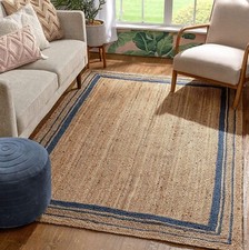 Naturfaser Jute Teppich Sondergrößen Wohnzimmer Vorleger Beige Blau