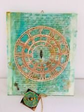Bild 30x25cm Leinwand "Zeit Uhr Uhrzeit" grün Collage Enkaustik