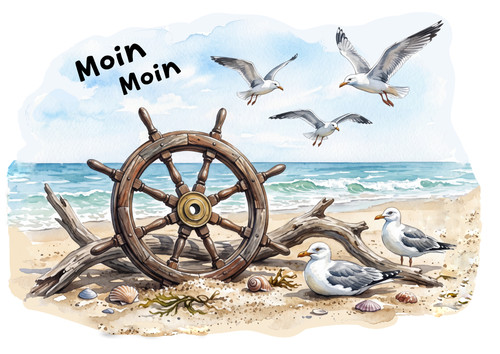 Möwen mit steuerrad - am, strand