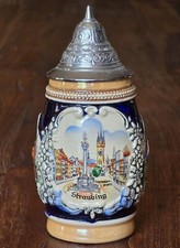 Bierkrug mit Zinndeckel, Steingut, Motiv: Straubing, München, Original King