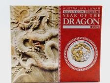 2012 Australian Lunar Year of the Dragon 1oz Silver Gilded Coin Boxed with