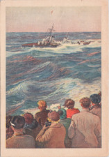 Künstler AK Postkarte KdF Urlauber begrüßen Marine Torpedoboot im Mittelmeer