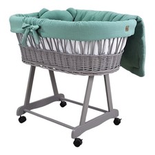 Stubenwagen Moseskorb AMELIA Grau aus Weide mit Musselin Bettwäsche Khaki