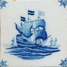 Delfter Blau orig. Fliese Schiff tile Delft Blue mit Eck-Dekoren 12,5 x 12,5 cm