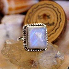 Groß Eckig Design Ring 63 Schlicht 925er Silber Mondstein Weiß Blau Kordelmuster