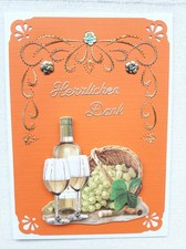 3D Grußkarte FADENGRAFIK mit Umschlag * Herzlichen Dank * Flasche Wein 