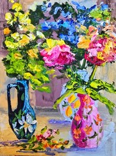 Bunte blumen vasen ölbild - bunte,