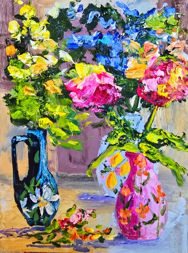 Bunte blumen vasen ölbild - bunte,