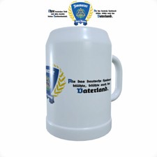 Bierkrug mit Zunftzeichen für Zimmerer und patriotischen Spruch