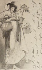 Blumenmädchen museales Jugendstil Gemälde von 1900 Blumen Mädchen mit Korb & Hut