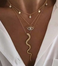 Zara 18K vergoldet 3 Lagen Halskette Kette mit bösem Blick & Schlangen Detail Sale