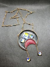 Vintage 1970er Emaille Anhänger Kette Kupfer schwarz rot Modeschmuck 80cm