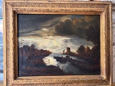 Antikes Ölgmälde auf Leinwand, abendliche Seelandschaft, 18./19. Jahrhundert