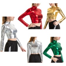 Damen Metallic Langarm Stehkragen Party Club Oberteil Einfarbig Wetlook Crop Top