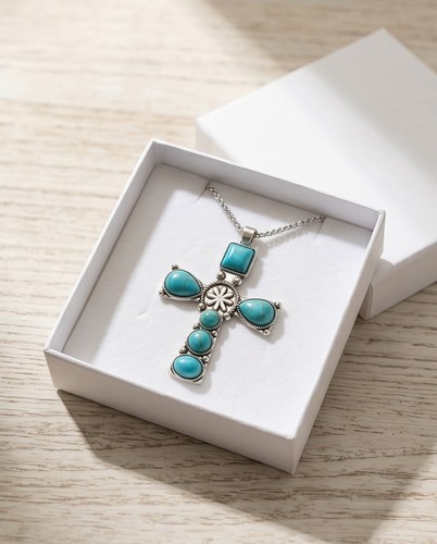 Halskette mit kreuz türkis - halskette,