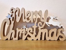 großer Deko Holz Schriftzug „Merry Christmas“ Hirsch Sterne Weihnachten Advent