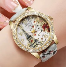 DAMENSTRASS QUARZ UHR STAINLESS STEEL UHR *EIFFELTURM*STADT DER LIEBE* LEDERBAND