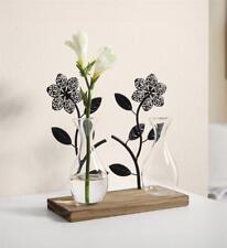 Holz Deko Board "Flowers" 2 Metall Blumen schwarz + 2 Glas Vasen, Tischdeko
