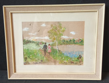 Bilderrahmen mit Aquarell mit Federn besetzt / ca. 1960 - Holz - außen 27x21 cm