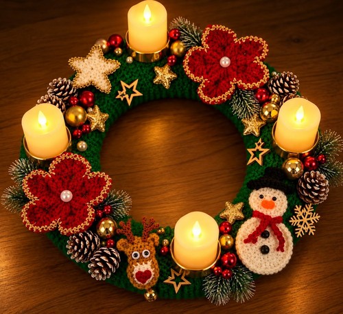 Gehäkelter adventskranz mit - gehäkelter,